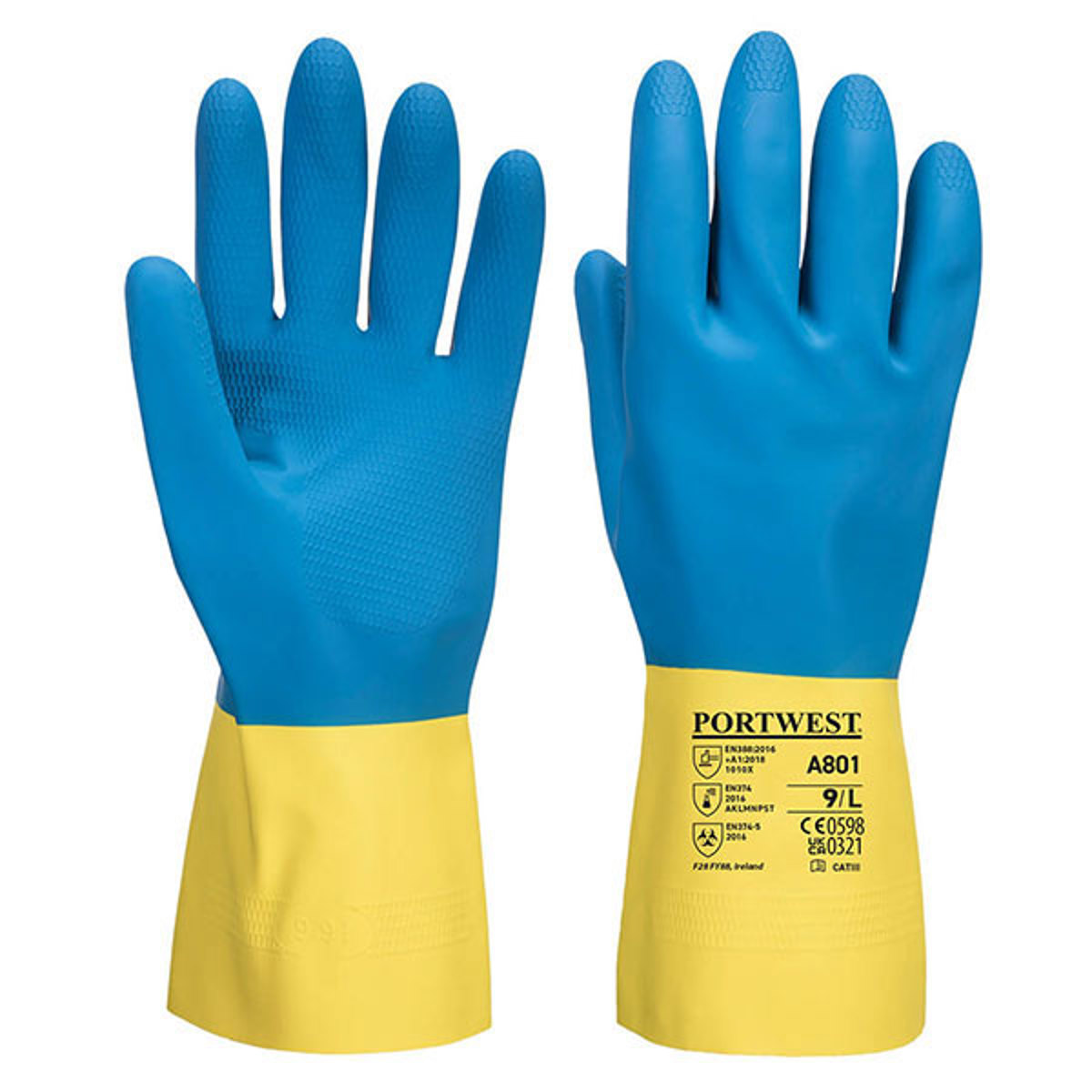 Portwest Double Dipped Latex Gauntlets, Yellow/Blue