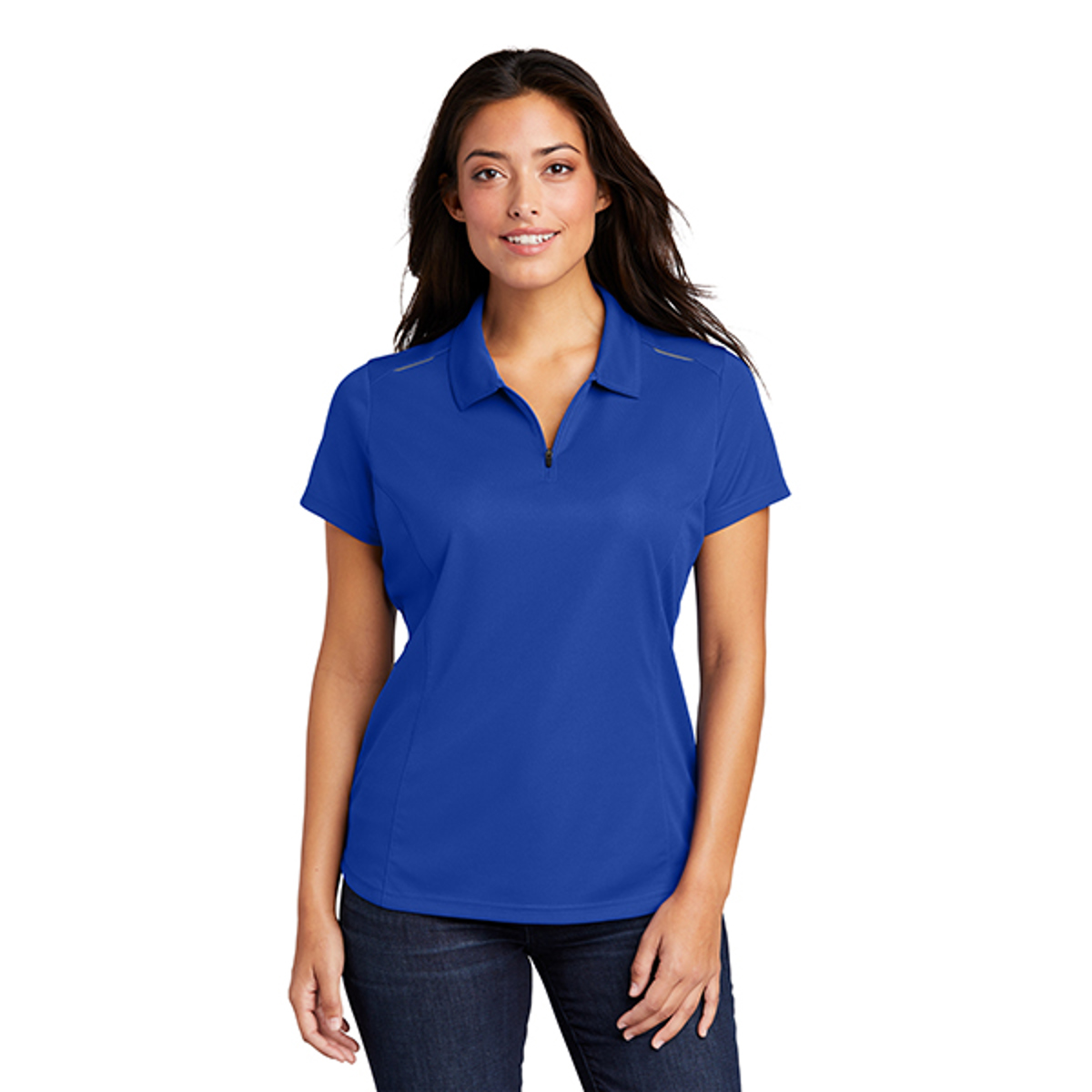 Sanmar Port Authority Ladies Pinpoint Mesh Zip True Royal Short Sleeve Polo