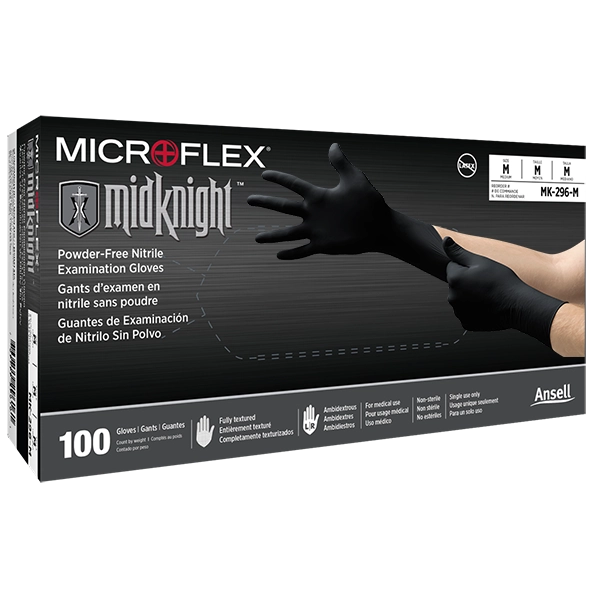Microflex Gloves, MidKnight PF,  Black, Nitrile, Black