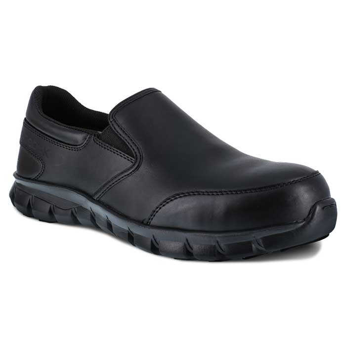 Reebok Sublite Cushion Slip-On Work Shoe, Black Composite Toe 
