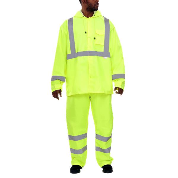 Reflective Apparel Hi-Vis Rainsuit, Hooded Parka and Pants, Lime, Waterproof, Class 3