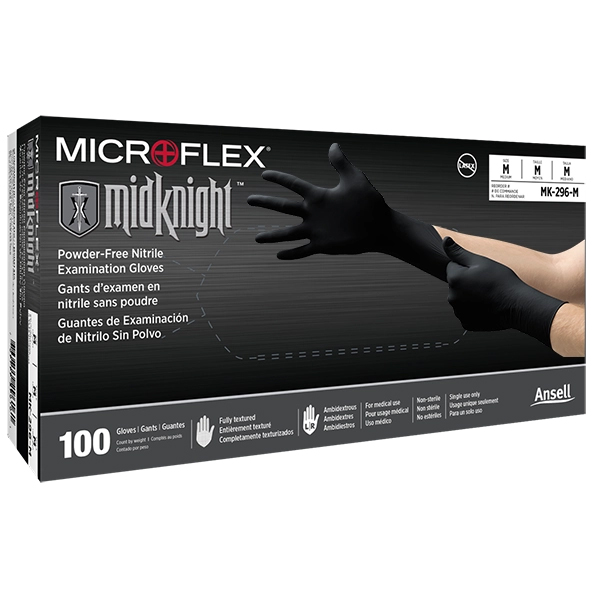 Ansell Microflex MidKnight Powder Free Nitrile Gloves, Black