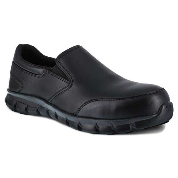 Reebok Sublite Cushion Slip-On Work Shoe, Black Composite Toe | NAFECO