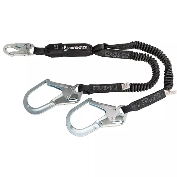 Safewaze PRO 6' Stretch Energy Absorbing Lanyard Dual Leg, Rebar Hooks